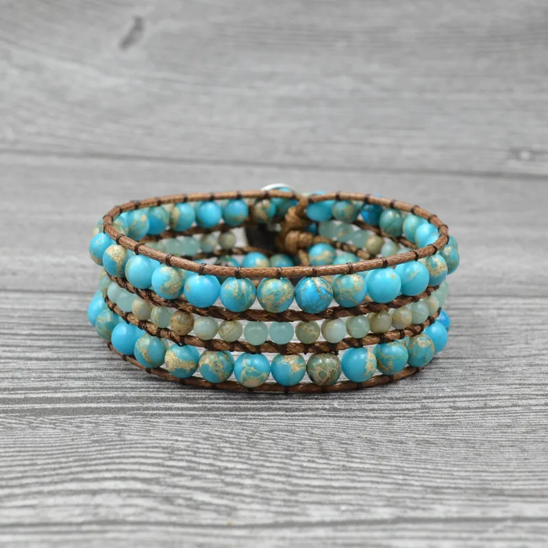 

European Ethnic Handmade Jewelry Multi-layer Braided Leather Natural Blue Imeprial Stone Wrap Bracelet, As picture show