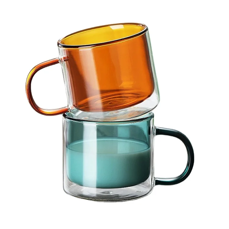 

Hot sale high quality borosilicate double wall glass drinking coffee cups colored double wall glass cup mug with handle, Transparent