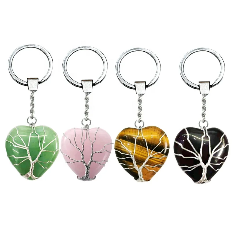 

Wholesale Price Crystal Crafts Gemstone Heart Keychains Eco-Friendly Natural Stainless Steel Heart Shape Key Chain
