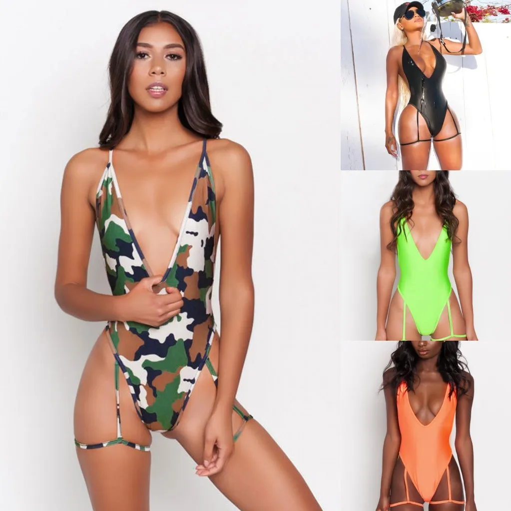

2021 Newest Design Camouflage And Solid Color Deep V Womens Bikini Swimsuits Taste The Swimsuit For women