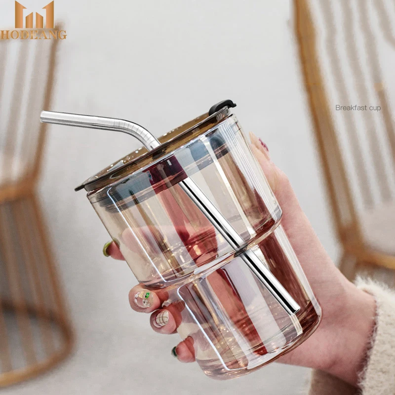 

2022 Summer large-capacity clear straw coffee glass cup with lid, As picture