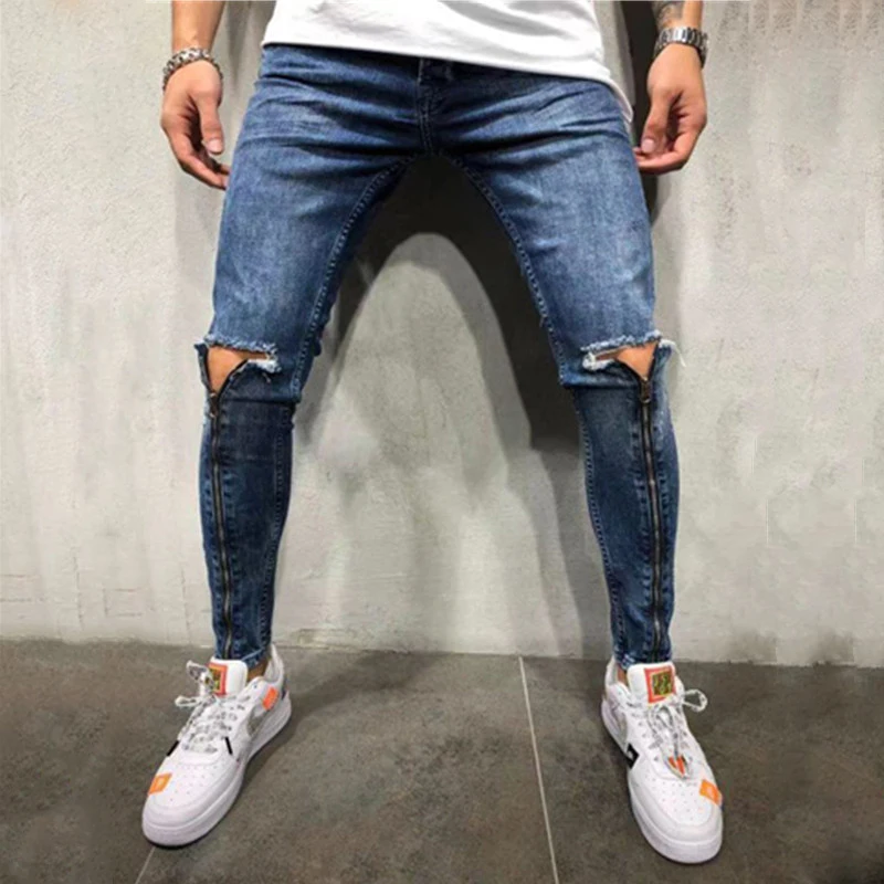 

New Men ripped Long zipper Streetwear elastic Skinny jeans male Solid color Slim hip hop Casual Jogger denim pants trousers