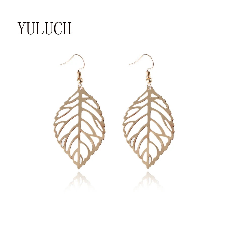 

Fashion Simple Jewelry Gold Plated Leaf Alloy Dangle Earring Silver Gold Leaf Hoop Earring, Picture shows