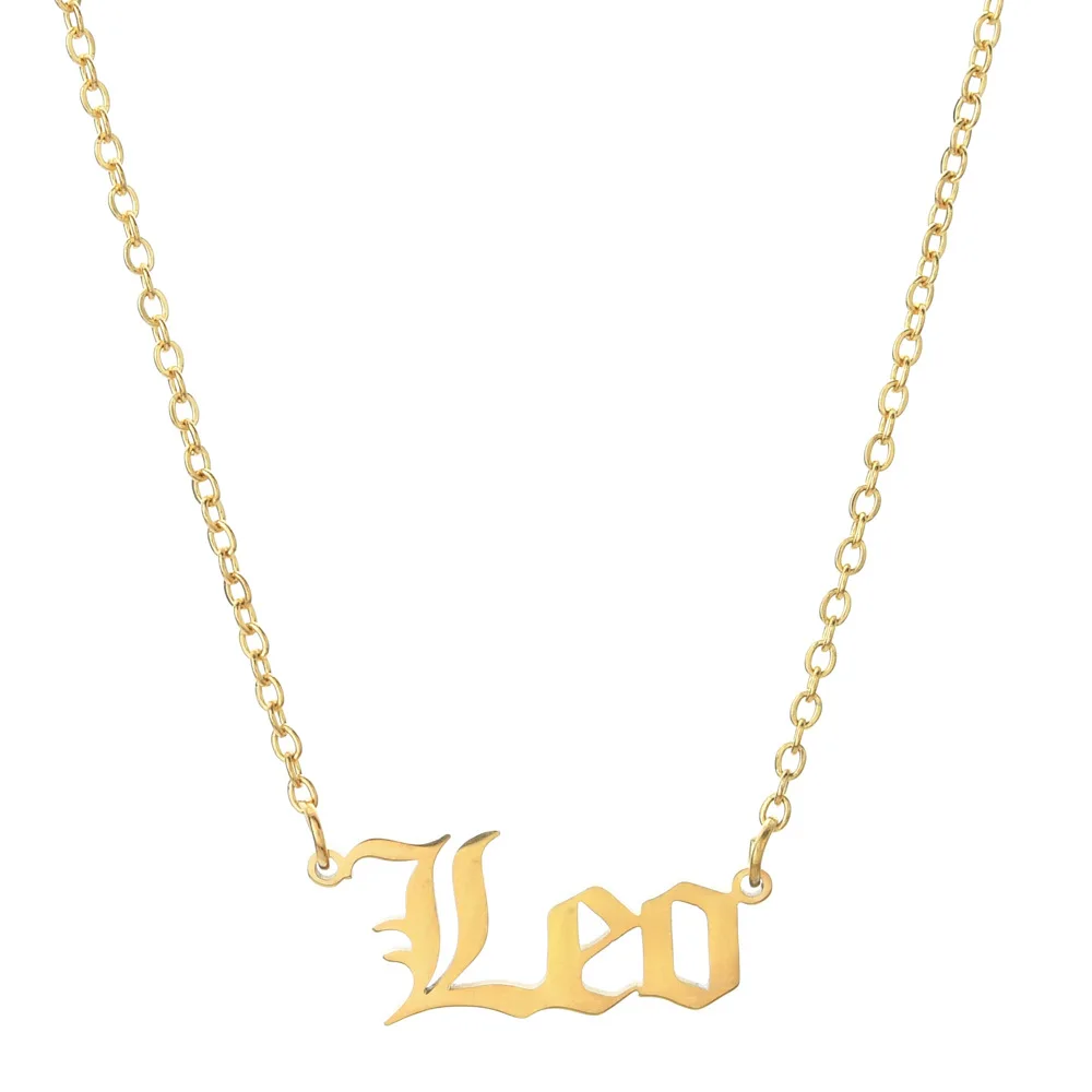Gold Old English Zodiac Necklace Stainless Steel 12 Chinese Zodiacs Gold Luxury Zodiac Signs