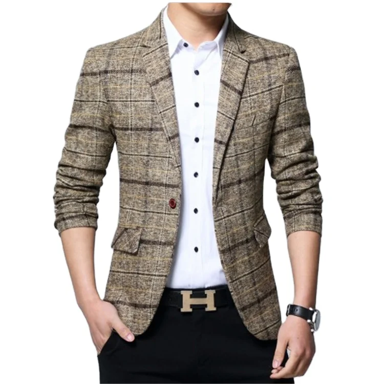 

New men's spring suit jacket with slim plaid, Khaki, gray, blue