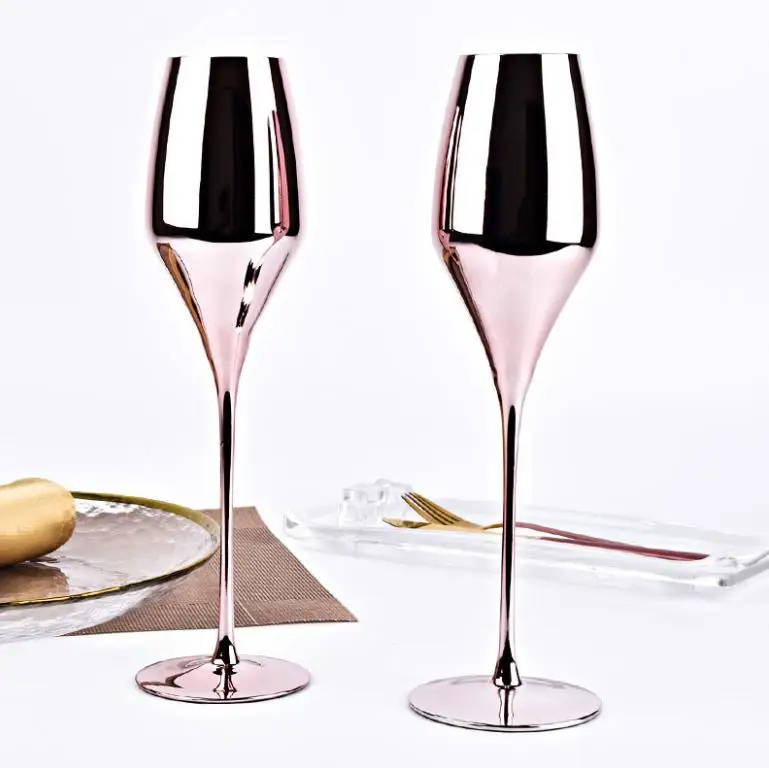 

Wholesale high quality lead free pink colored champagne glasses goblet stemware electroplated wine glass, Pink color