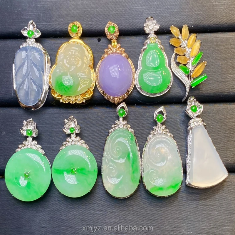 

18K Gold Diamond Pendant A Grade Jadeite Ruyi Guanyin White Gold Green Purple Jade Buddha Pendant Necklace