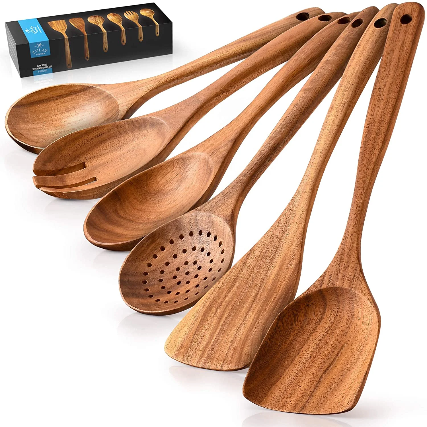 

Wooden Cooking Utensils Kitchen Utensil Set 6Pieces Natural Wooden Handle Cooking Tools Turner Tongs Spatula Spoon