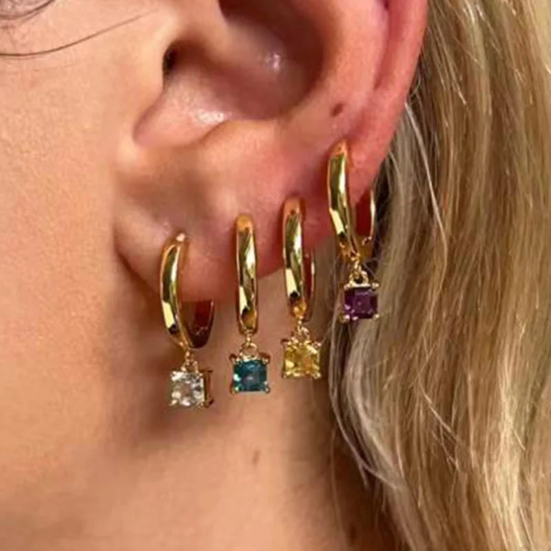 High End PVD 18K Gold Plated White Pink Blue Square Zirconia Pendant Huggie Earrings Stainless Steel Jewelry Wholesale