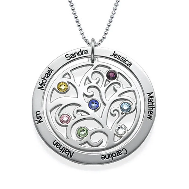 

Dropshipping High Quality Fashion S925 Birthstone Custom Engraved Circle Name Tree Life Necklace, 3 options