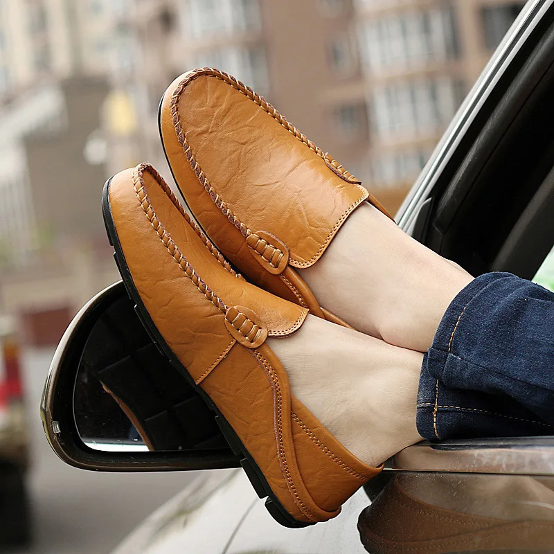 

Mens Shoes Casual Summer Men Loafers Genuine Leather Moccasins Light Breathable Slip on Boat Shoes, As picture