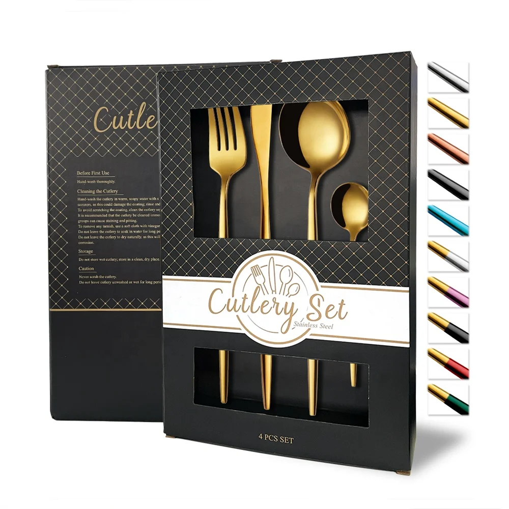

modern reusable flatware titanium black gold color 4 piece cutlery set, Silver, gold, rose gold, black