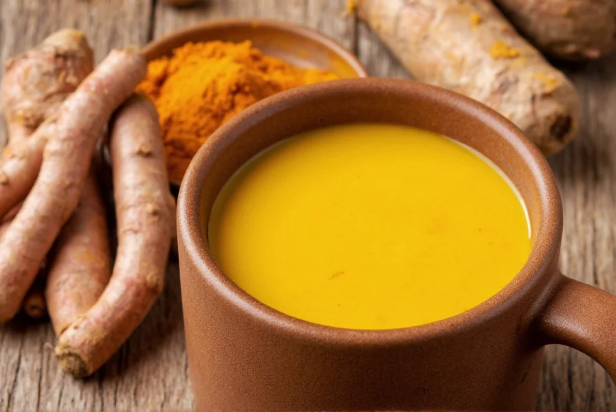 Close-up of turmeric root, fresh turmeric powder, and golden milk in a ceramic mug showing culinary and medicinal applications