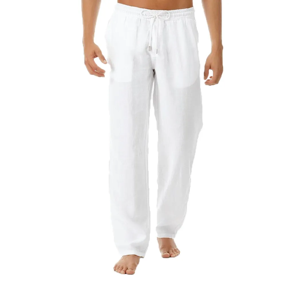 

Wholesale Men's Summer Casual Pants Natural Cotton Linen Trousers White Linen Elastic Waist Straight Men's Pant, Customized color