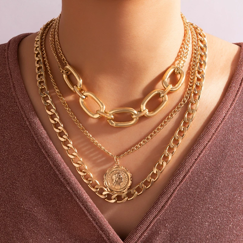

17KM punk chunky cuban link chain necklace gold layered coin pendant necklace women fashion jewelry