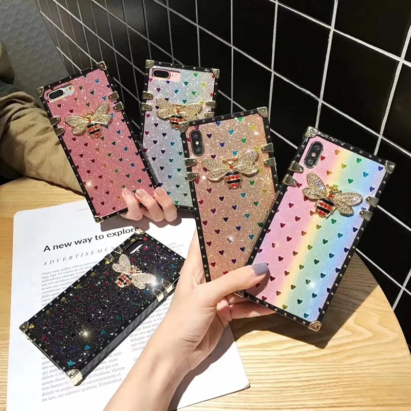 

Luxury 3D Diamond Bee Metal Love Rainbow Gloss Silicone phone case for iphone X XR XS MAX 7 8 plus 7plus cover coque funda