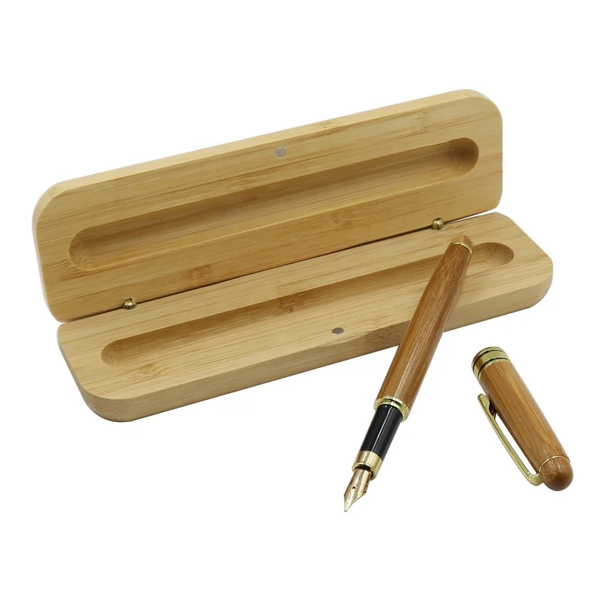 

Natural Bamboo Golden Medium Nib Fountain Pen Box Case Pen Set Gift Box