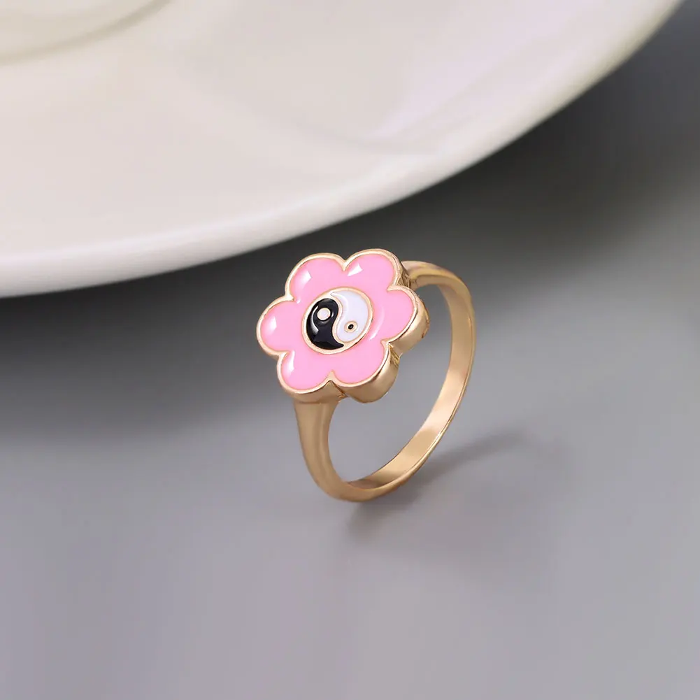 

Fashion Lovely Pink Flower Yin Yang Ring Gold Plated Finger Rings For Women Girls Enamel Jewelry, Gold color