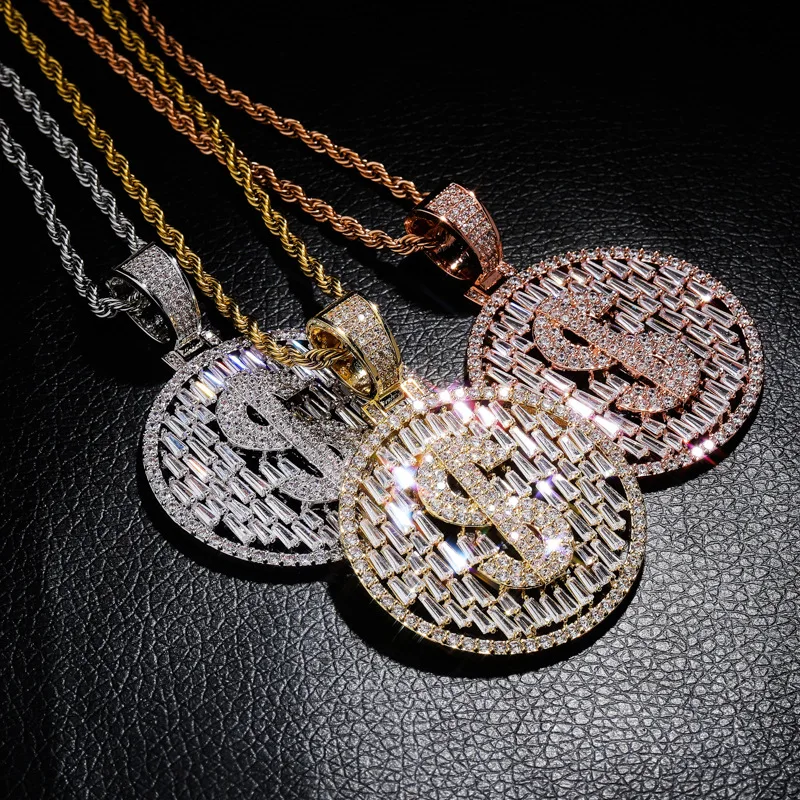 
Hip Hop Jewelry Full Iced Out Dollar Symbol Pendant AAA Cubic Zirconia Setting Round Dollar Pendant Necklace 
