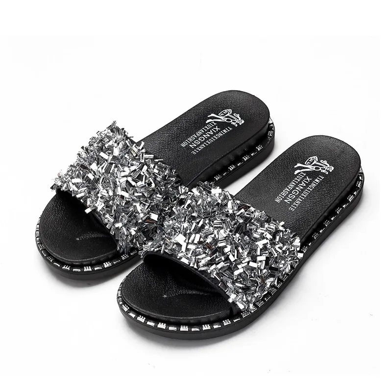 

Women Shiny Rhinestone Flat Sparkle Glitter Slip On Casual Slides Sandals Slipper