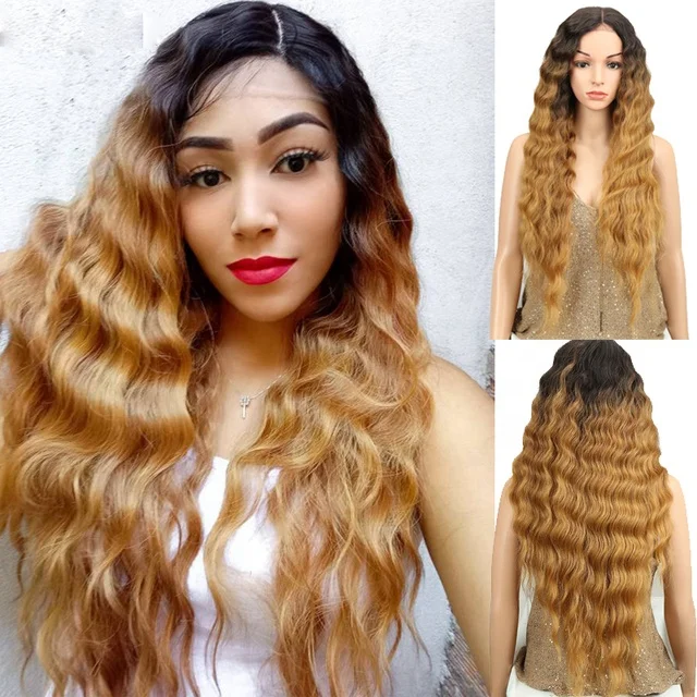 

Synthetic Blonde Lace Wigs Deep Wave Cosplay Lolita Wig 30Inch Ombre Blonde Wigs For Women High Temperature Fiber Joedir