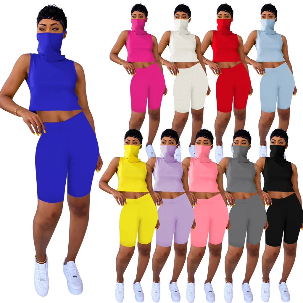 

2 Piece Outfits with Face Cover for Women Biker Shorts Lounge Sets Workout Set Jogging Solid Color Sweatsuit Tracksuits