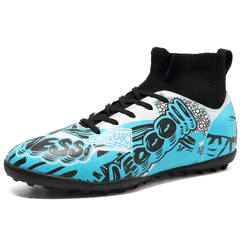 

New Design Turf Futsal Teenager Soccer Shoes Good Quality Outdoor High Top Soccer Boots for Men, Light bule,black/golden