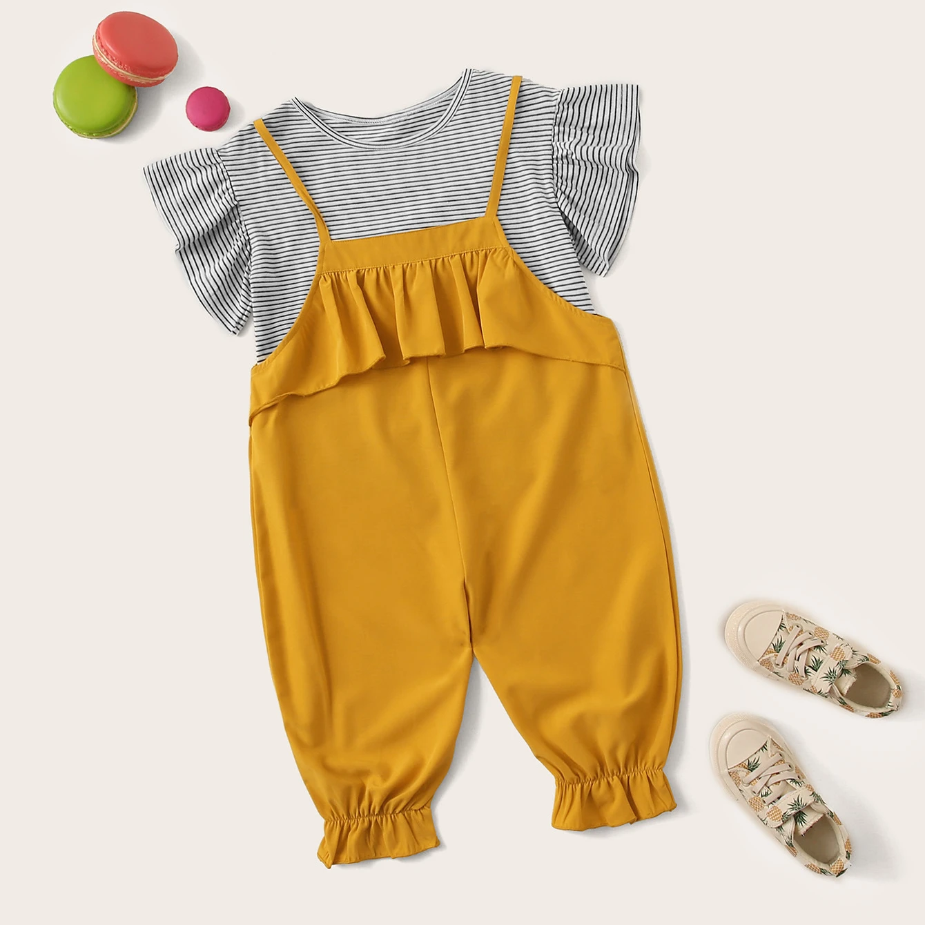 

Hot Sale Kids Cotton Knitted Stripe Short Sleeve T-shirt + Pure Color Suspenders Pant