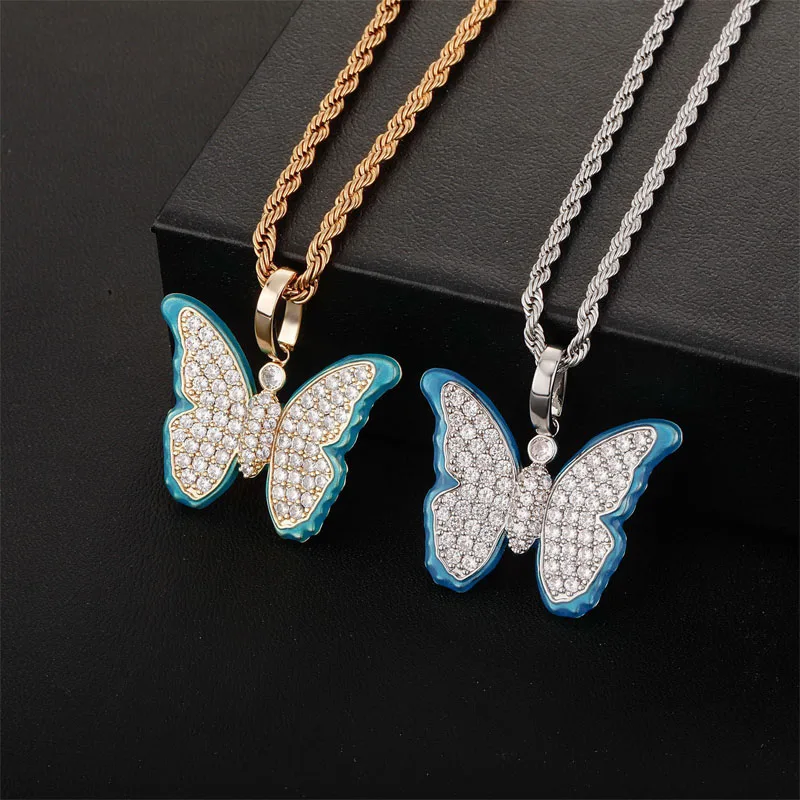 

Hot Style Hiphop butterfly Jewelry 14k Gold Plated 5A+ Zircon bling Pendant Necklace for Women wholesale