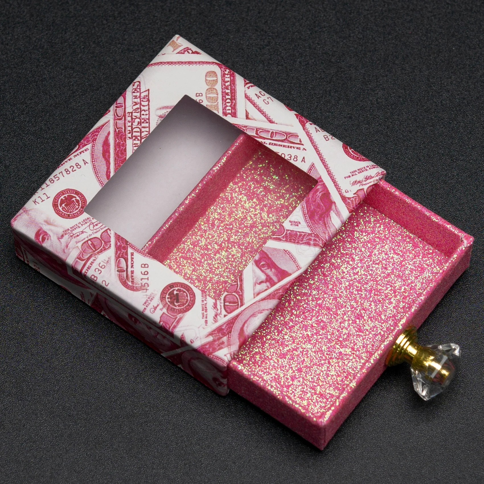 

Glitter Square Lash Packaging Cardboard Eyelash Case Empty Pink Money Slide Drawer 3D/5D Mink Lashes Box with Handle