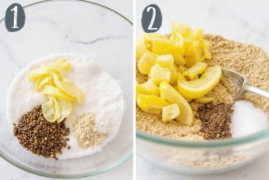 Step-by-step preparation of homemade lemon pepper powder showing fresh lemon zest, cracked pepper, and salt in mixing bowl
