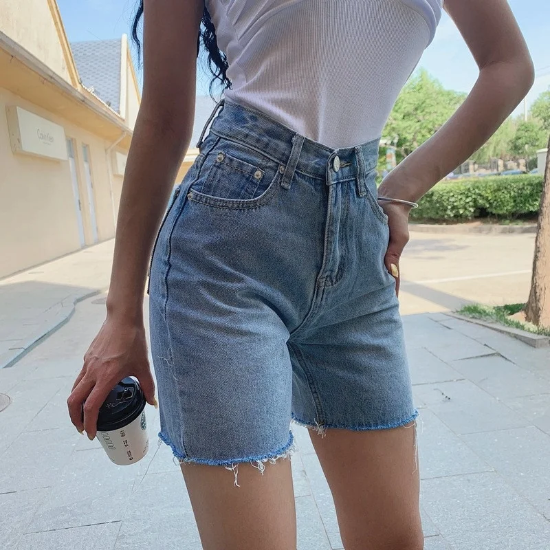 

2021 High Waist Slim Cropped Jeans Shorts Sexy Women's Summer Hot Fashion Tassel Tight Butt Lift Blue Washed Denim Shorts