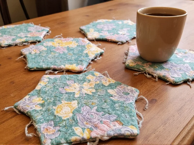 Hexagonal fabric coasters made from textile remnants on wooden table