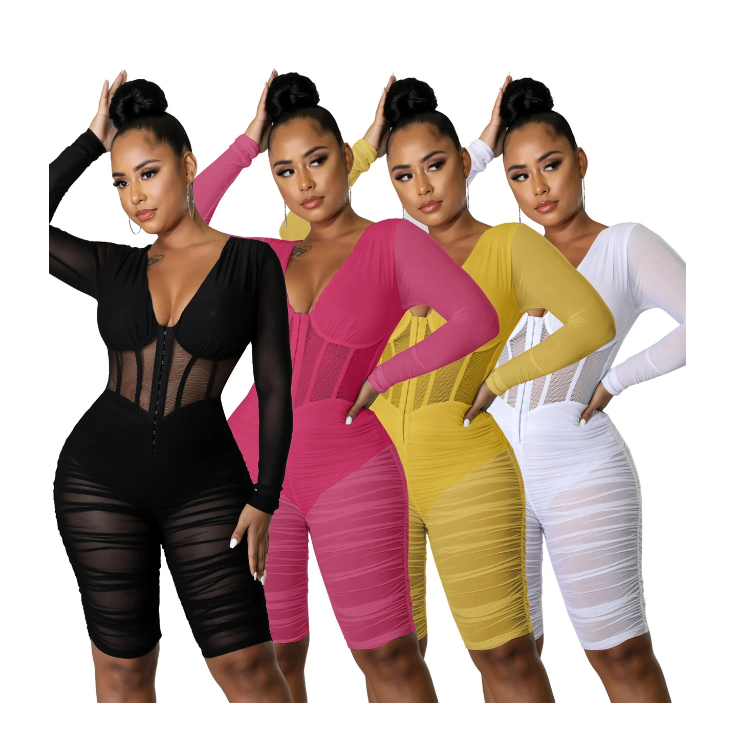

Drop Shipping Shirred Mesh Splice See Through Romper For Women Long Sleeve V-ncek Zipper Shorts Sexy One Piece Jumpsuit