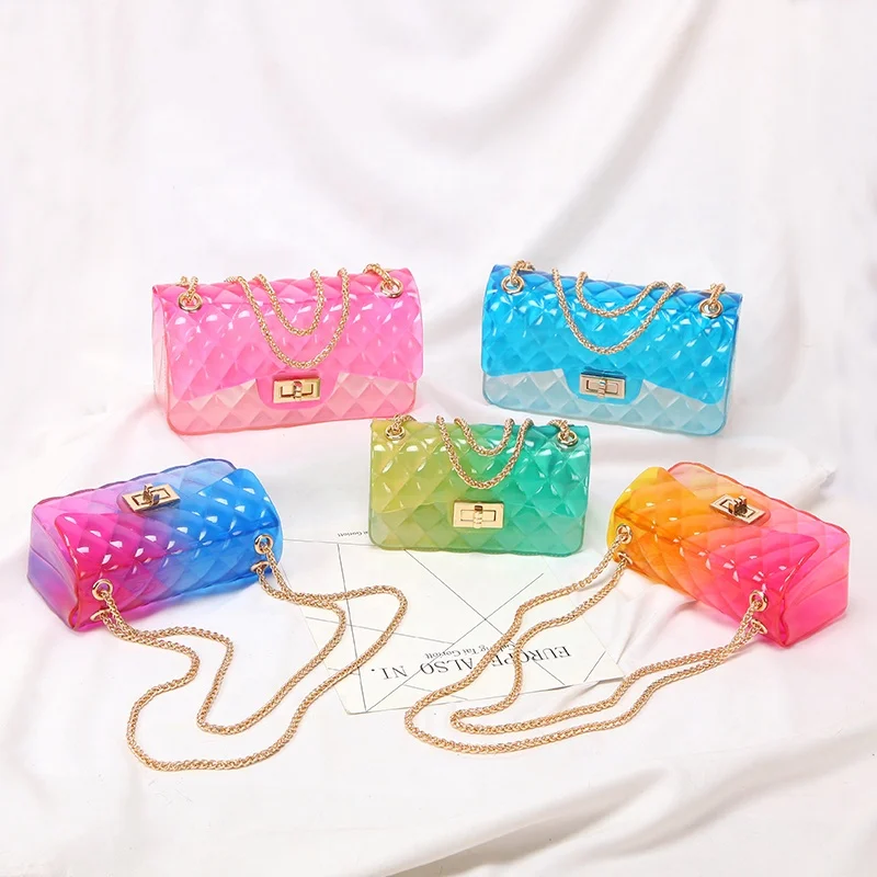 

Newly designed transparent pvc jelly rainbow purse chain lady colorful bags
