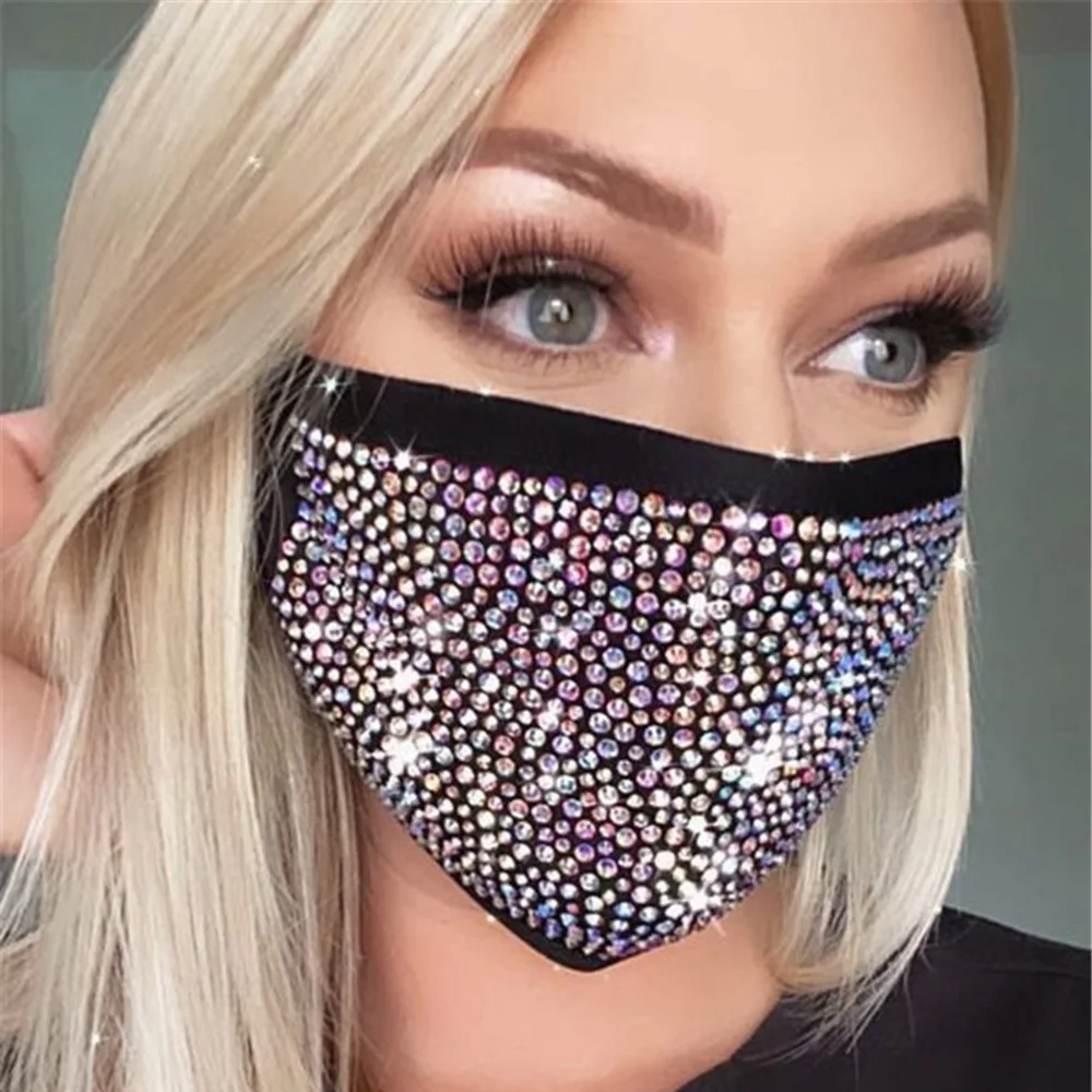 

2020 Fashion Sparkly Rhinestone Elastic Reusable Washable Bling FaceMasks For Face With Rhinestone Decoration Face Jewelry
