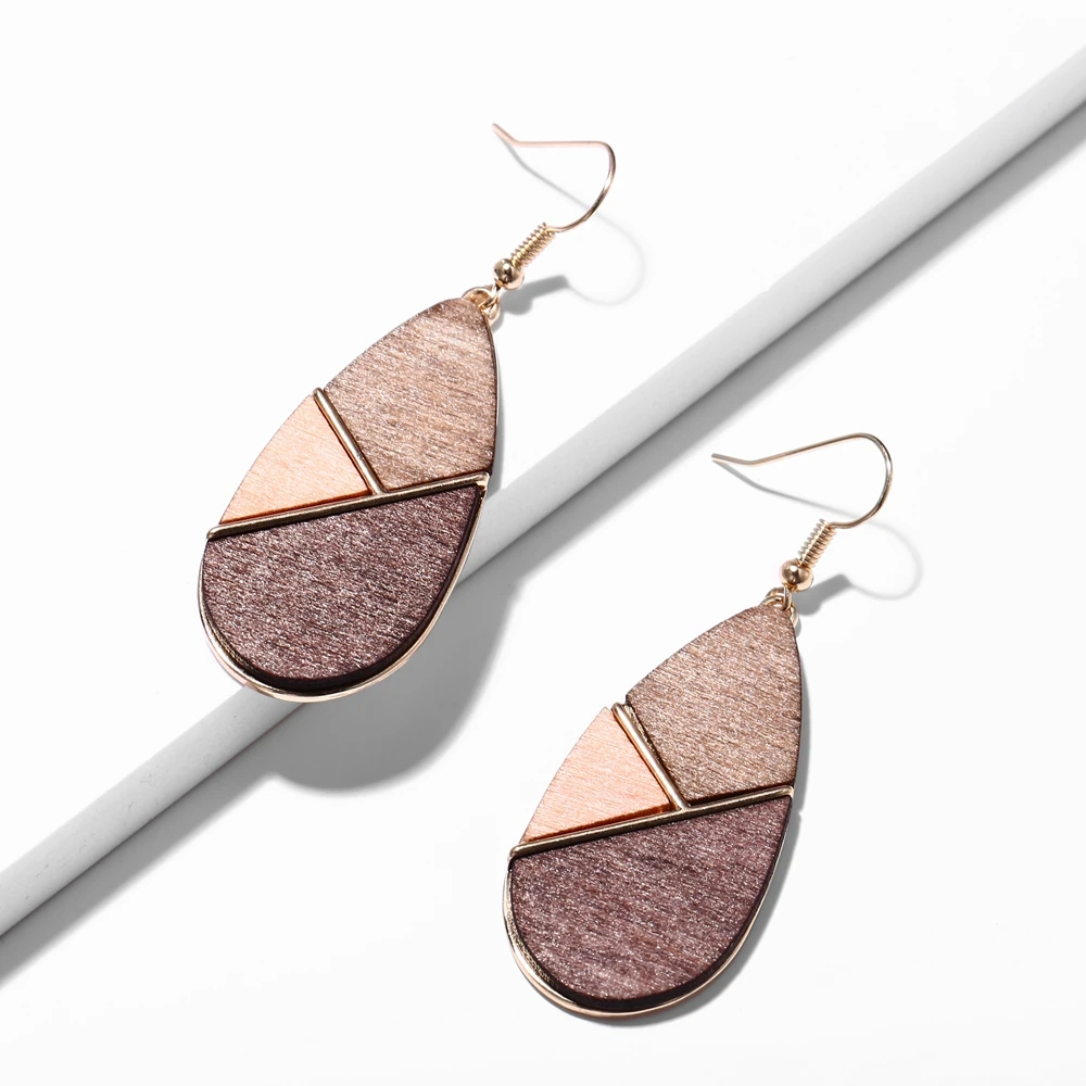 

5269 Eco-friendly Pine Wood Round New Design Personalized Handcraft Antique Wooden Discs Water drop Earrings