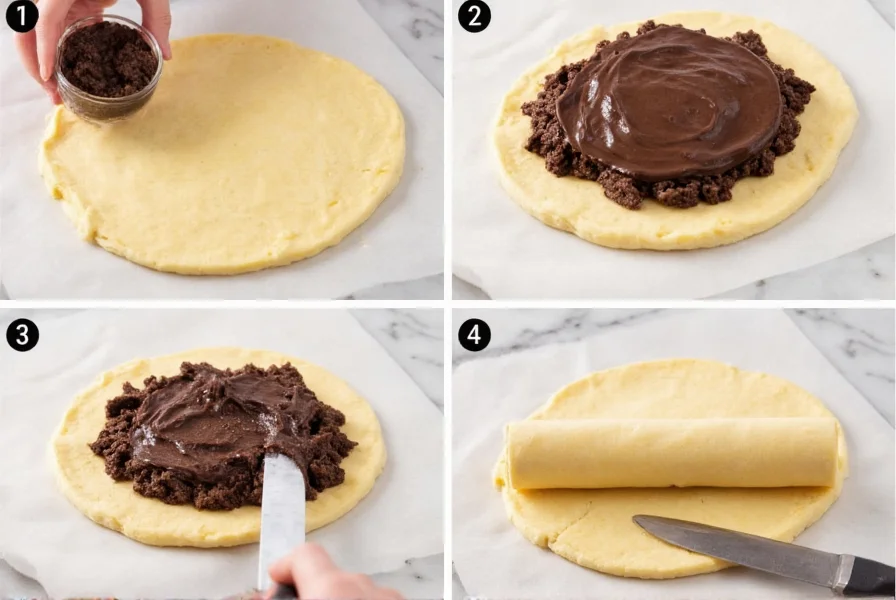 Step-by-step assembly process showing Oreo filling being spread on rolled-out cinnamon roll dough before rolling and cutting