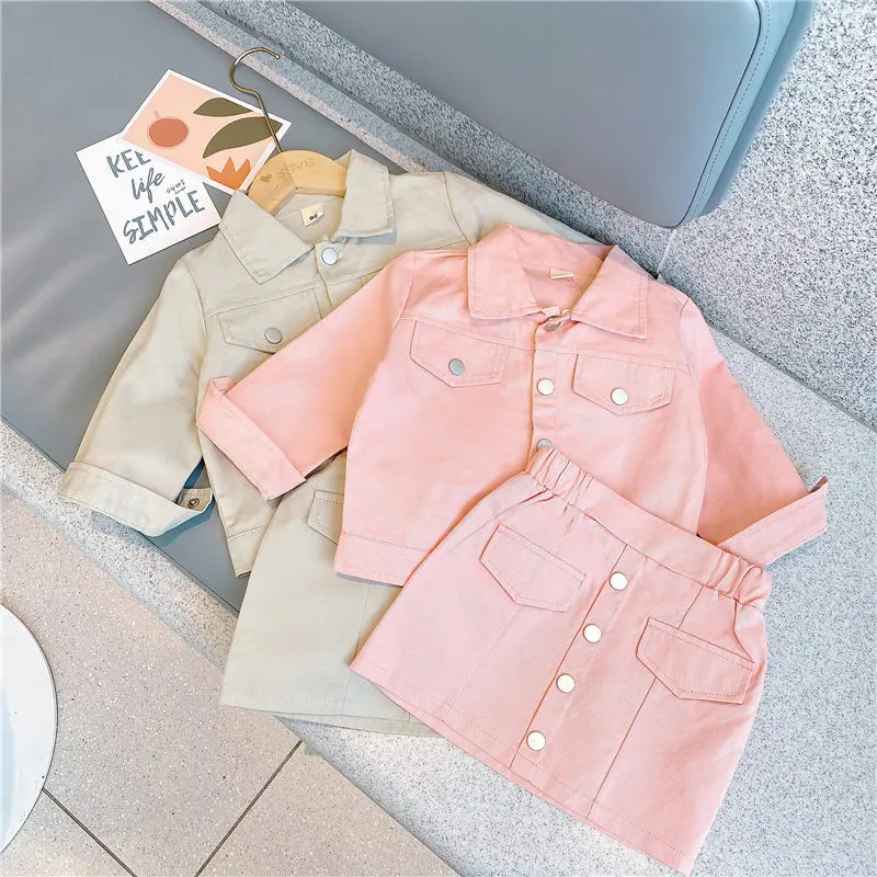 

2022 Wholesale Kids Dress Set Spring Long Sleeve Top+Skirt 2pcs Cotton Solid Color Girl Clothing Suit, 2colors