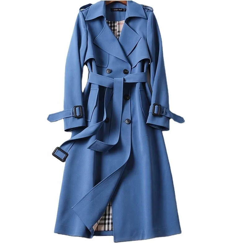 

woman Longline Skirted trench coat with belt Stone Blue black long women coat, Picture