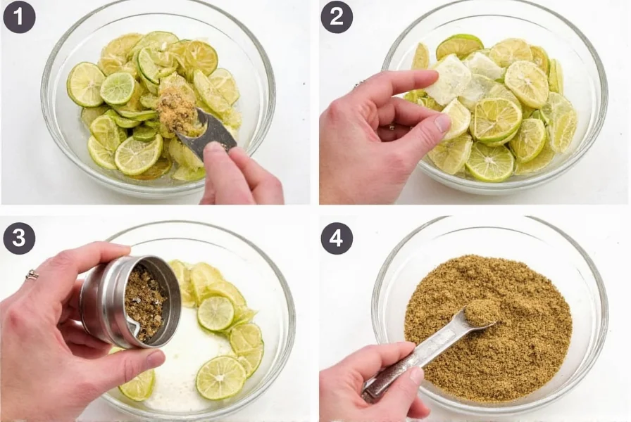 Step-by-step process of making homemade lime pepper seasoning with dried limes and pepper grinder
