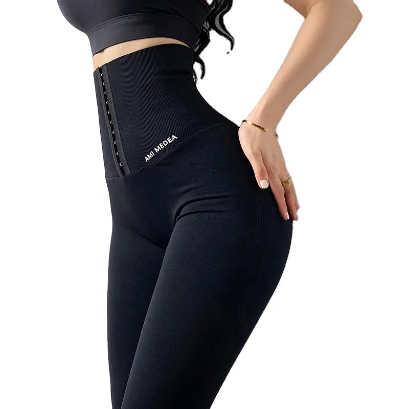 

Mitaogirl fitness pants with corset for women wearing elastic body-hugging yoga pants that show thin high waist and belly, Gray,black