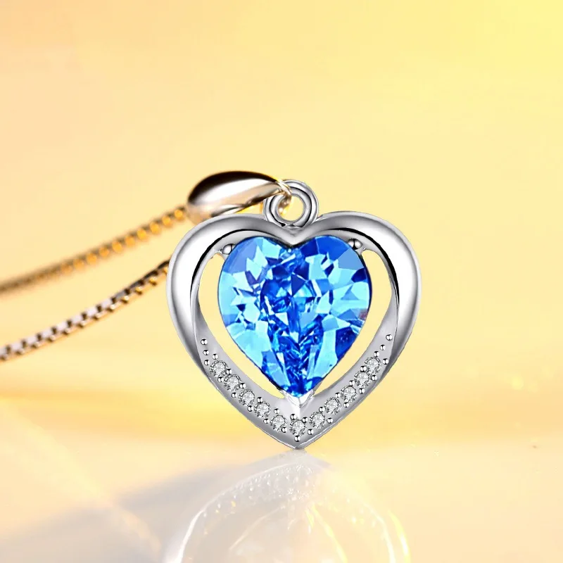 

heart shape blue crystal trendy necklace charms pendant decoration match custom mom necklace gift, Picture