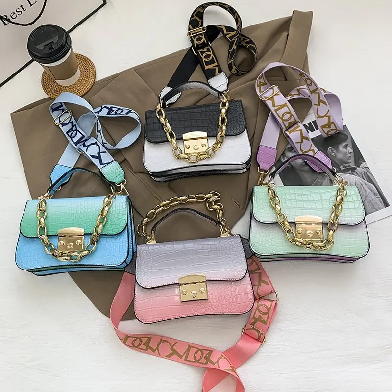 

2021 New crocodile pattern chain wide band snap shoulder bag girls shopping wallet and phone handbags, 4 colors