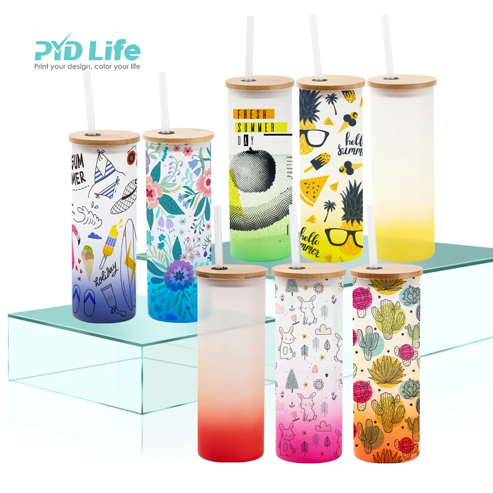 

PYD Life Gradient Color Wholesale 17oz Custom Frosted Glass Sublimation Skinny Tumbler Cups with Straw and Bamboo Lid, 9 colors