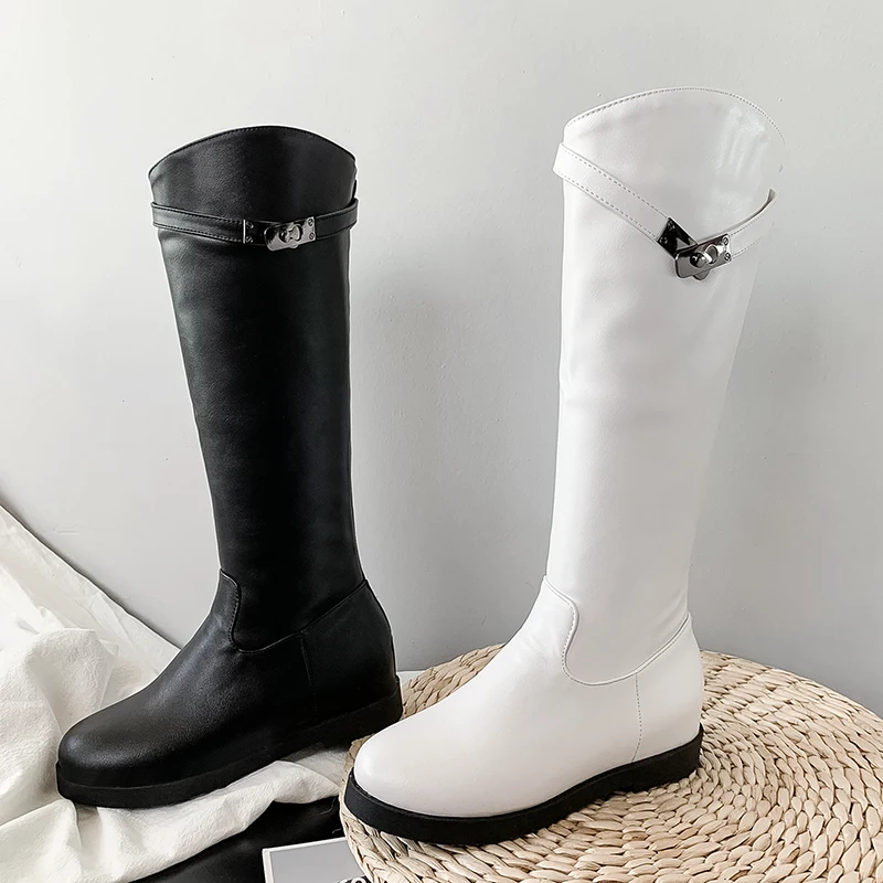 

Outdoors Comfortable White Knee High Women Riding Flat Boots, Black/white