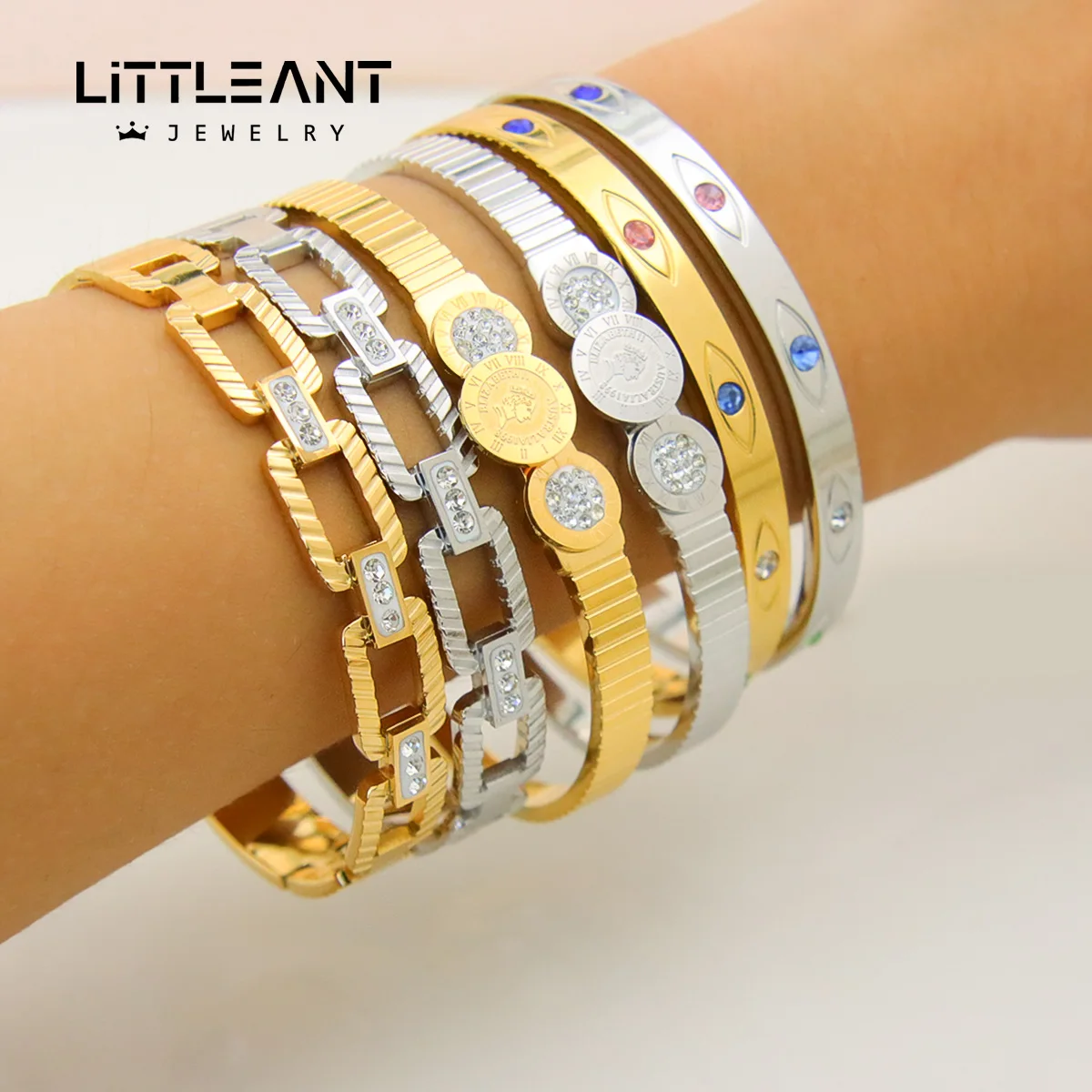 

Original Indian Cubic Zirconia Evil Eye Stainless Steel 18k Gold Plated Bangles