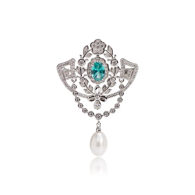 Elegant Luxury Vintage Brooch Style Natural Freshwater Pearl Drop Brooch 925 Silver Full Paved Green CZ Diamond