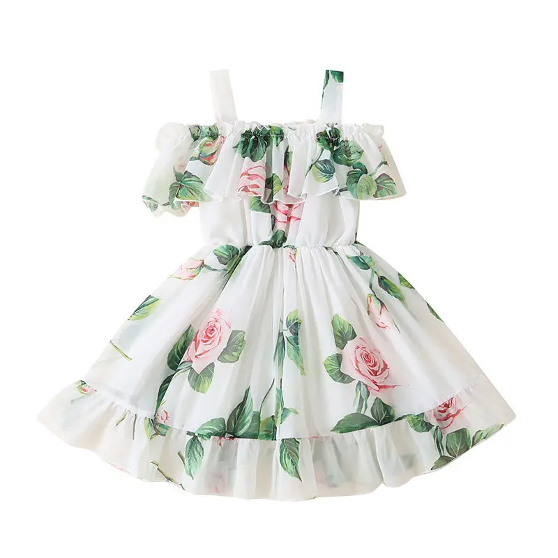 

2021 Summer new chiffon short sleeve flower suspender skirt princess skirt children straps girls dresses for wholesale, As pic shows, we can according to your request also