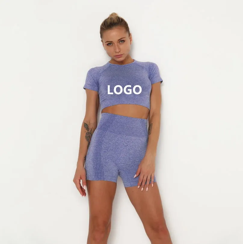 

2021 High Waist Hip Hugging Tight Running Sports Seamless Knit Short Sleeved Shorts Two Pieces Suit, As picture